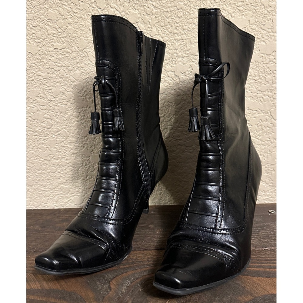 Liz Claiborne Lorraine Black Faux Leather Tassel Kitten Heel Mid-Calf Boots 7.5M - Picture 5 of 14